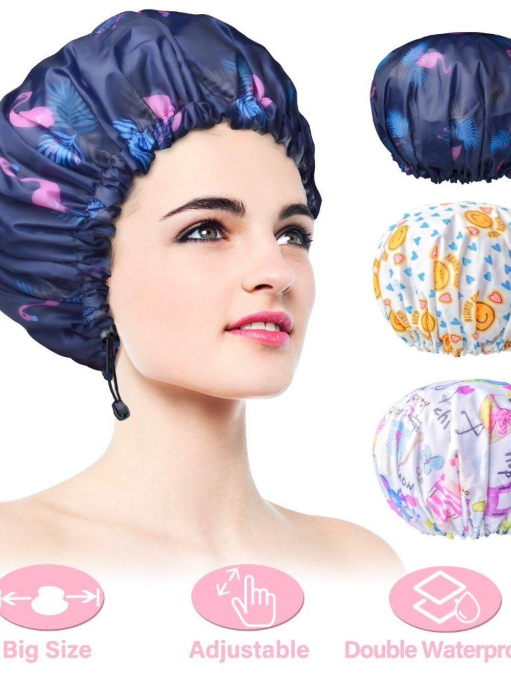 3 Pack Shower Caps, Extra Large & Adjustable Double Layer Bathing Cap